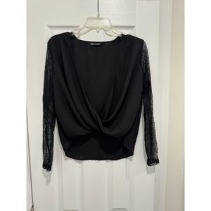 2/$10 Low Cut Draping Black Blouse w/ Sheer Dotted Sleeves NWOT